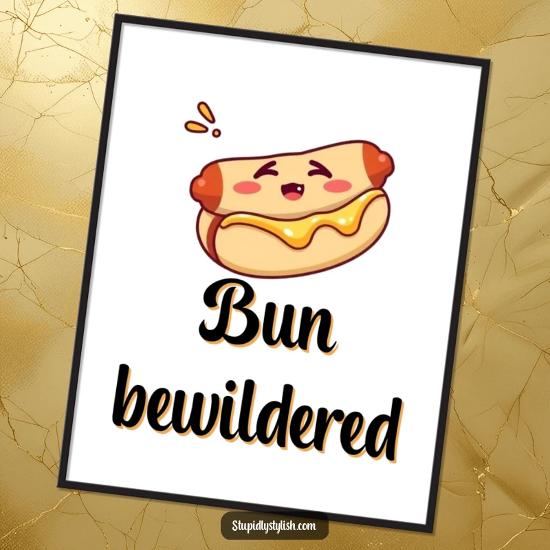 Funny digital art print of a confused hot dog in a bun, perfect for instant, humorous decor.