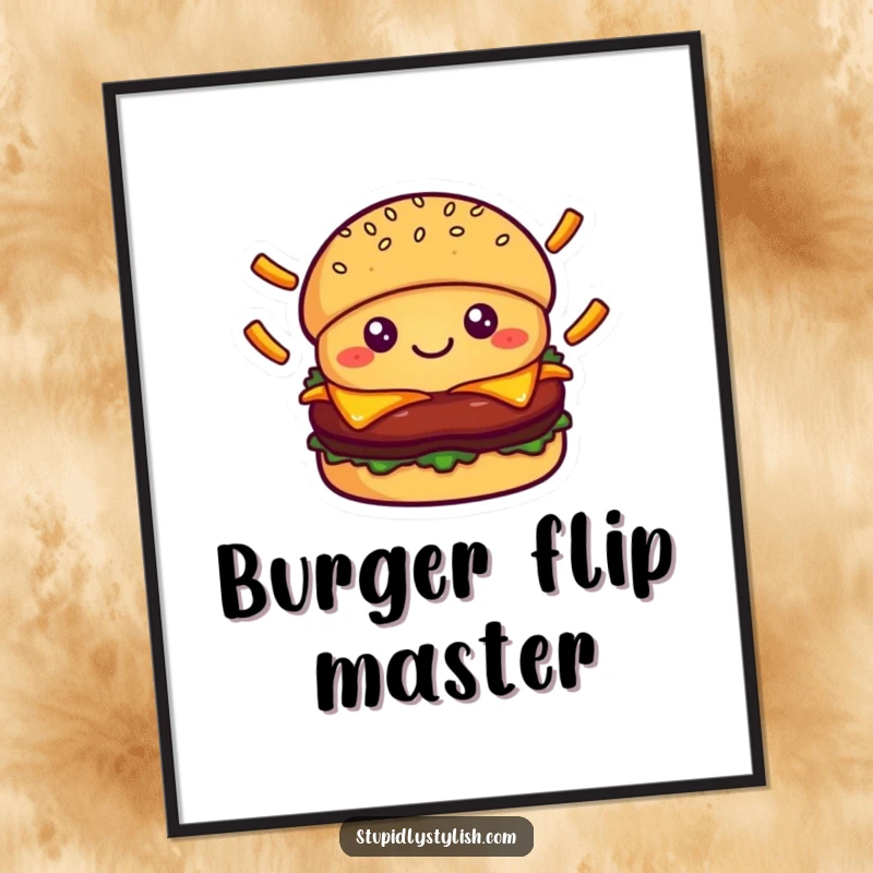 Cute smiling burger character juggling falling french fries, perfect for printable wall art that brings food-themed humor and joy.