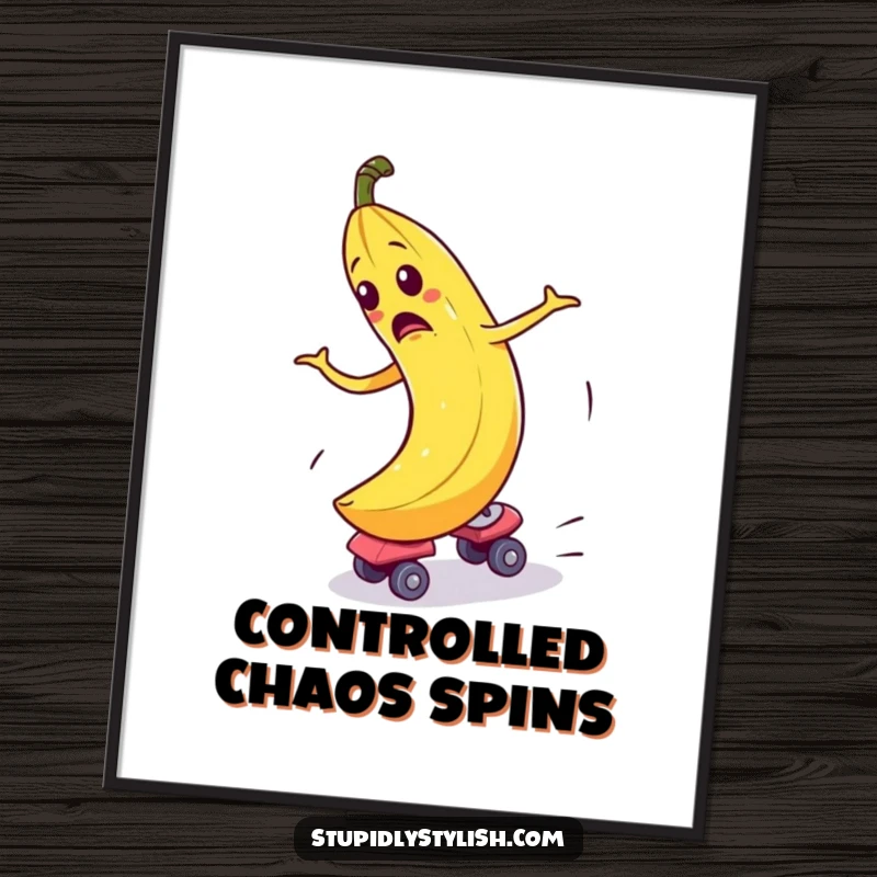 Funny Digital Art Print of a bewildered banana comically spinning out of control on roller skates, capturing hilarious, chaotic motion.