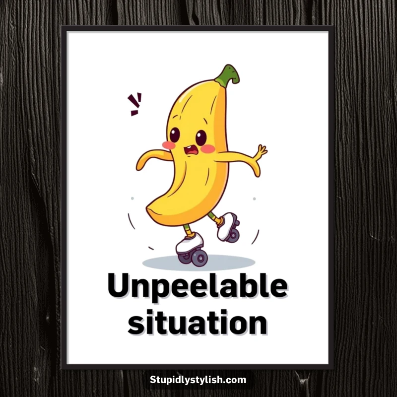 Funny digital art print of a bewildered banana comically spinning out of control on roller skates, creating a scene of hilarious chaos.