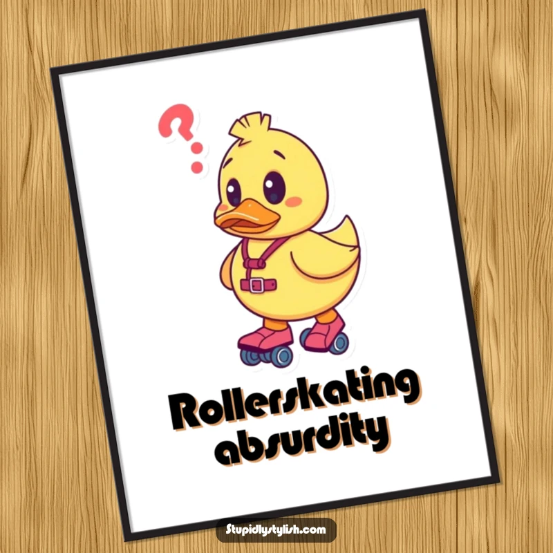 Funny digital art of a rubber duck character looking confused on roller skates, capturing a humorous moment of attempted adventure downloadable.