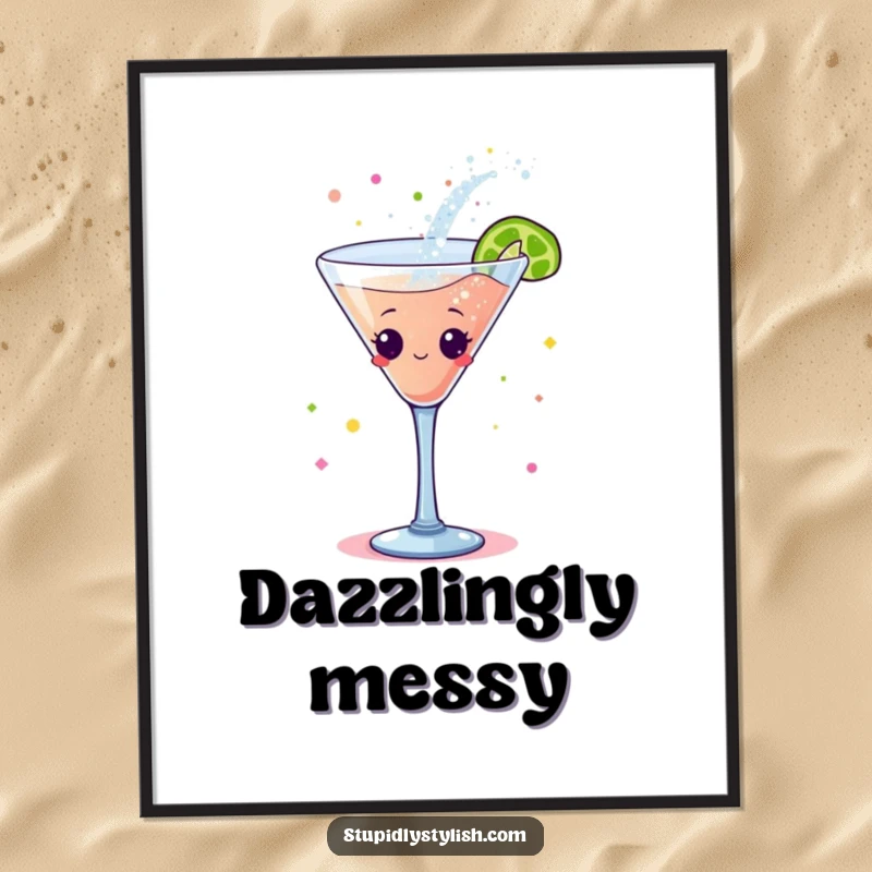 Funny digital art print: A dancing cocktail glass energetically spilling glitter, creating a dazzling and celebratory visual effect.