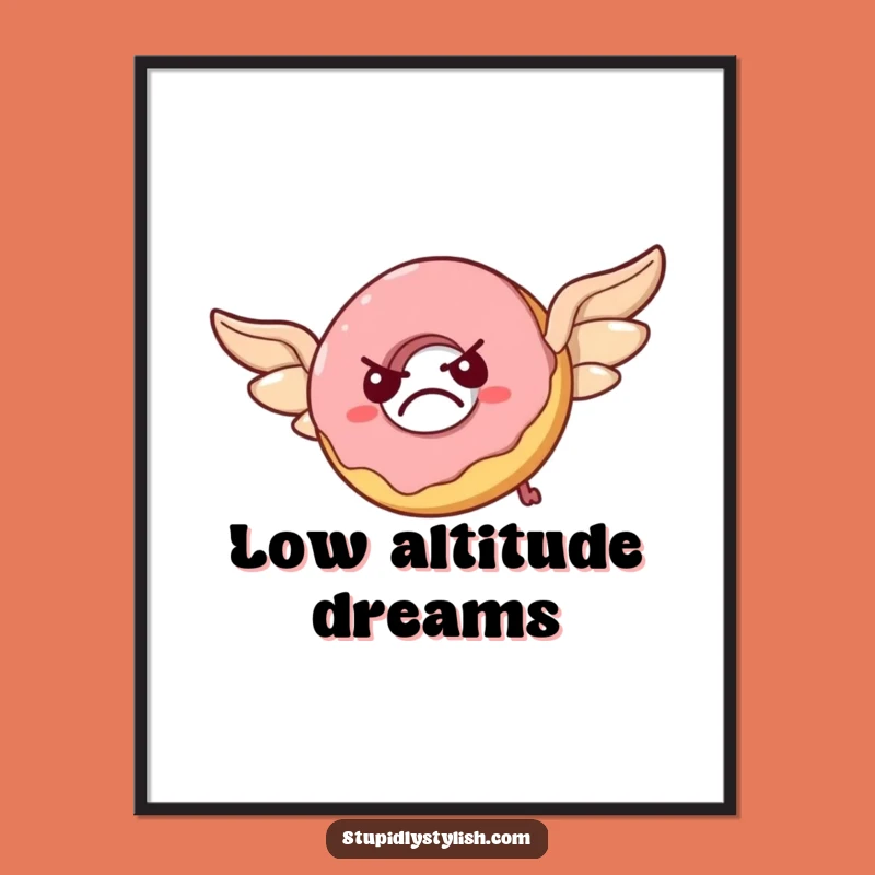 Funny Grumpy Donut Digital Art: Hilarious Flying Pastry Wings Print, Gift