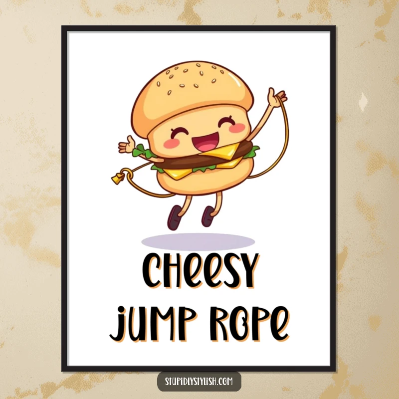 Funny Hamburger Digital Art Print of a giggling hamburger jumping rope with cheese, celebrating active fun.