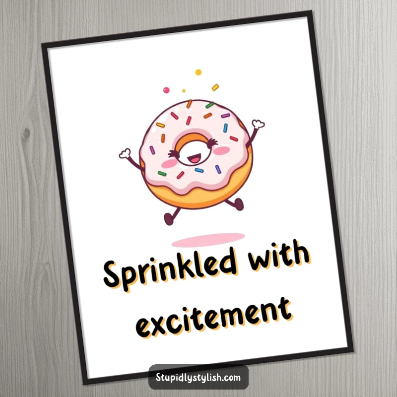 Funny digital art featuring a happy donut with sprinkles mid-jump, exuding pure, infectious joy and sweet, whimsical energy.