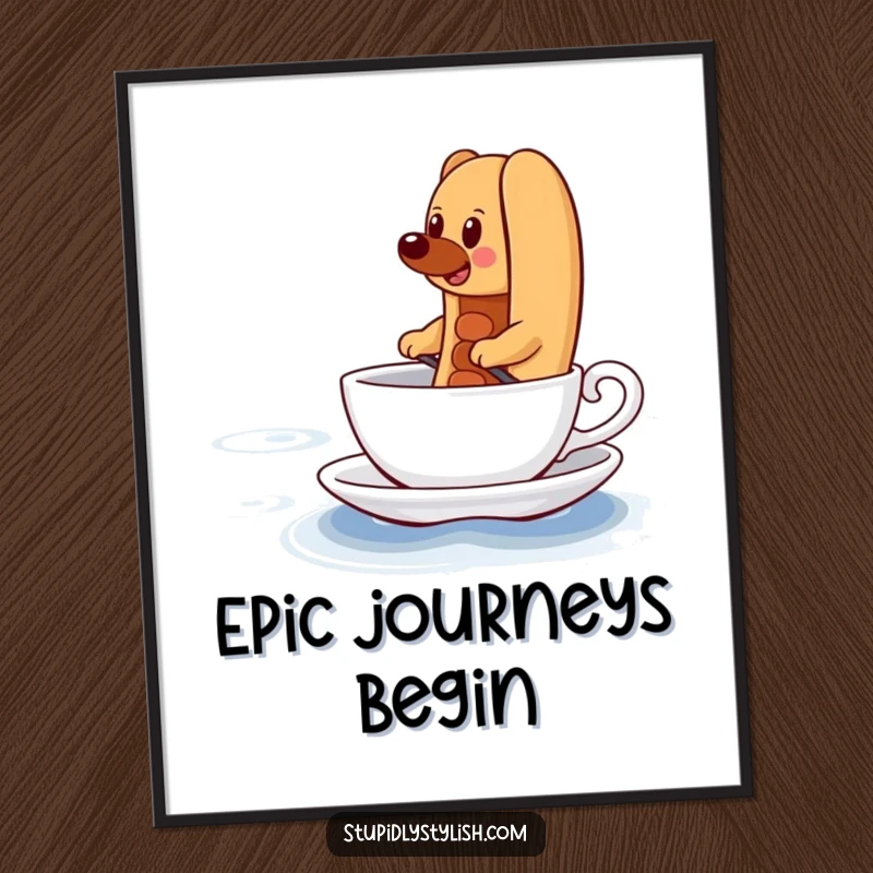 Funny Digital Art Print of a determined hot dog comically paddling a teacup across a vast ocean, symbolizing unwavering ambition.