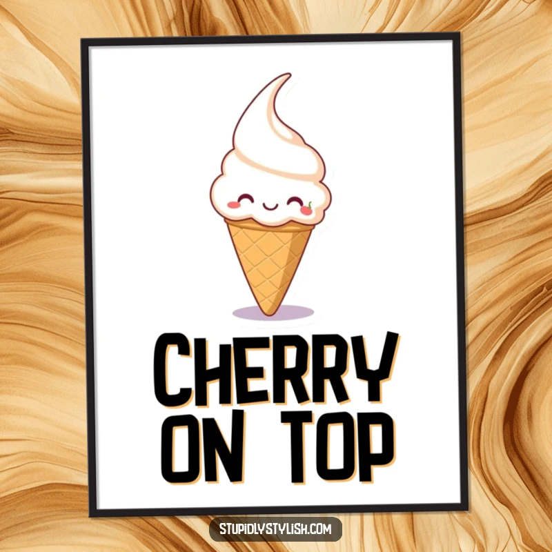 Funny digital art print of a silly, grinning ice cream cone trying to catch a falling cherry, perfect for sweet decor.