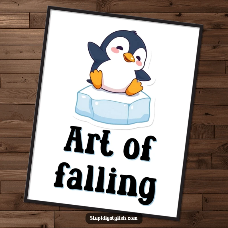 Funny digital art print of a clumsy penguin hilariously slipping on an ice cube, perfect for humorous wall decor.