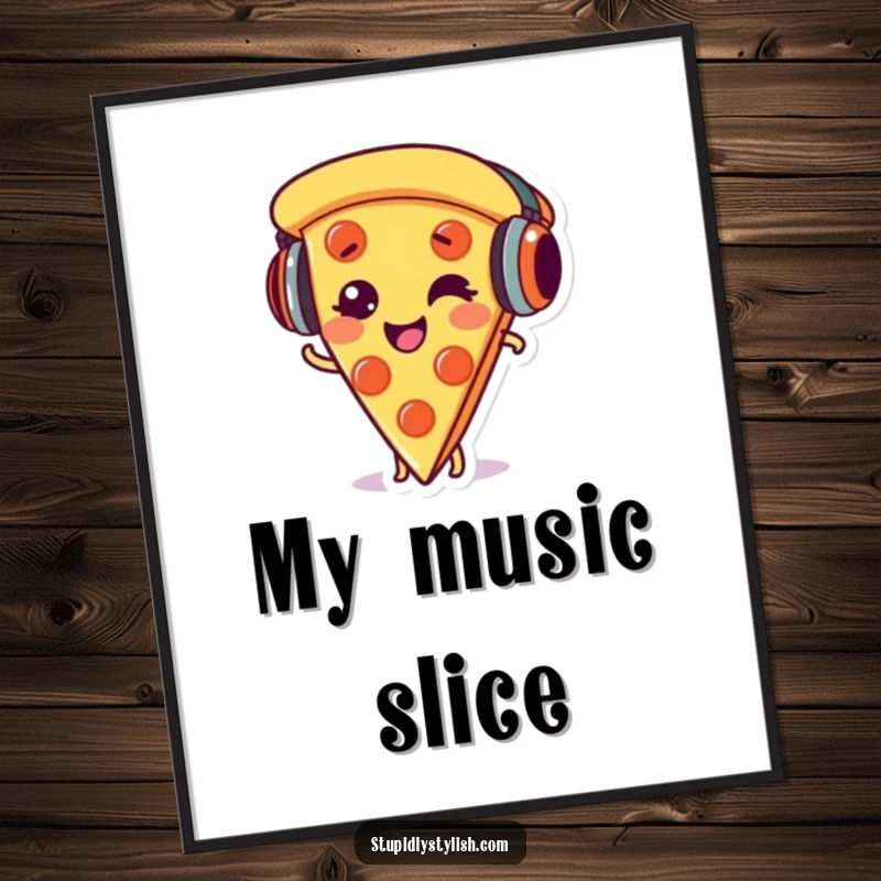 Funny digital art print of a giggling pizza slice wearing headphones, adding a humorous and musical touch to any space.