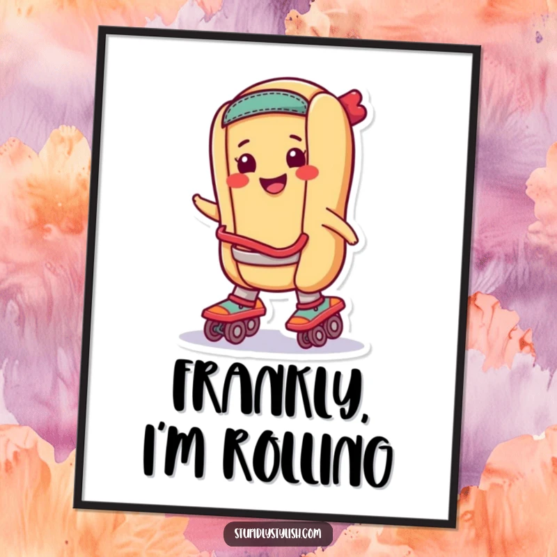 Funny Digital Art: A hot dog smiling on roller skates, printable wall art.