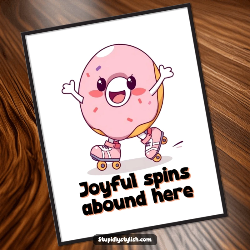Funny donut digital art print of a joyful character on roller skates, spinning. Instant, cheerful decor.