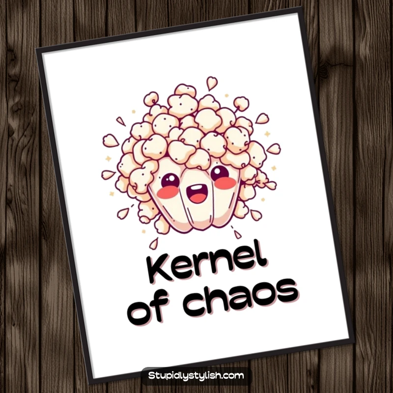Funny digital art print of a popcorn kernel exploding outwards, representing overwhelm, perfect for instant wall decor.