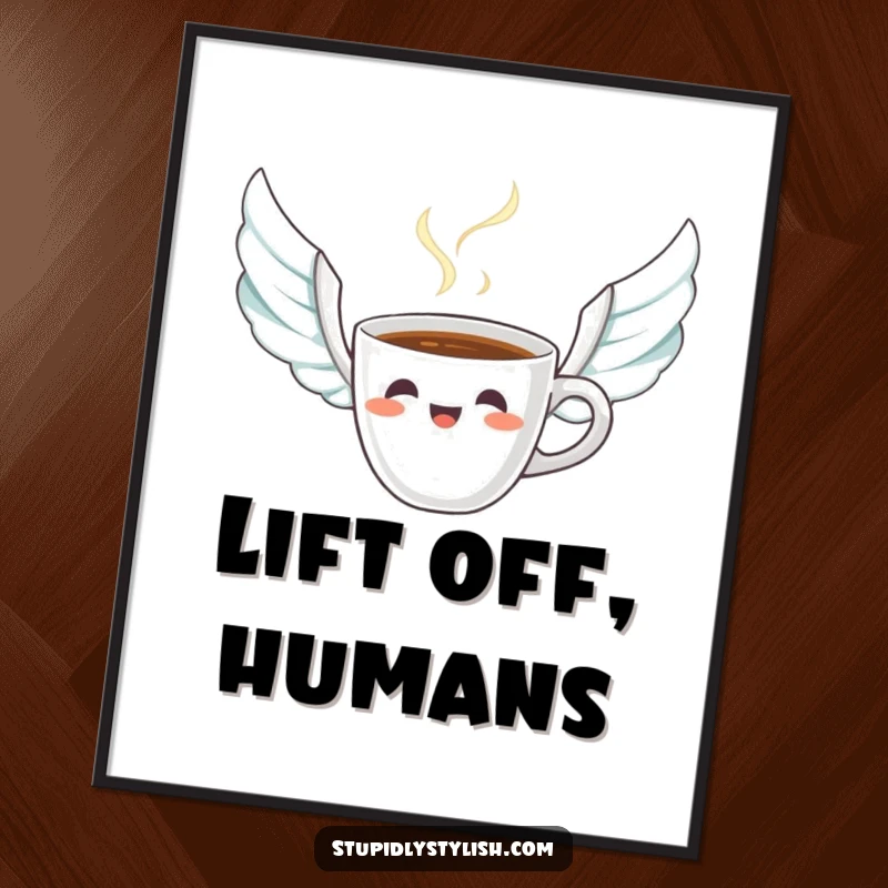 Funny digital art print of a startled coffee cup with steam trails like wings, perfect for adding humorous coffee-themed decor.