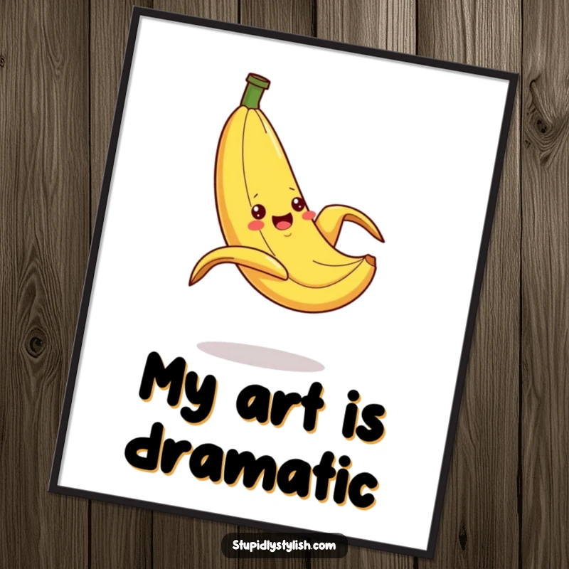 Funny Digital Art Print of a silly banana dramatically slipping on a peel, a vibrant and humorous cartoon piece for immediate display.