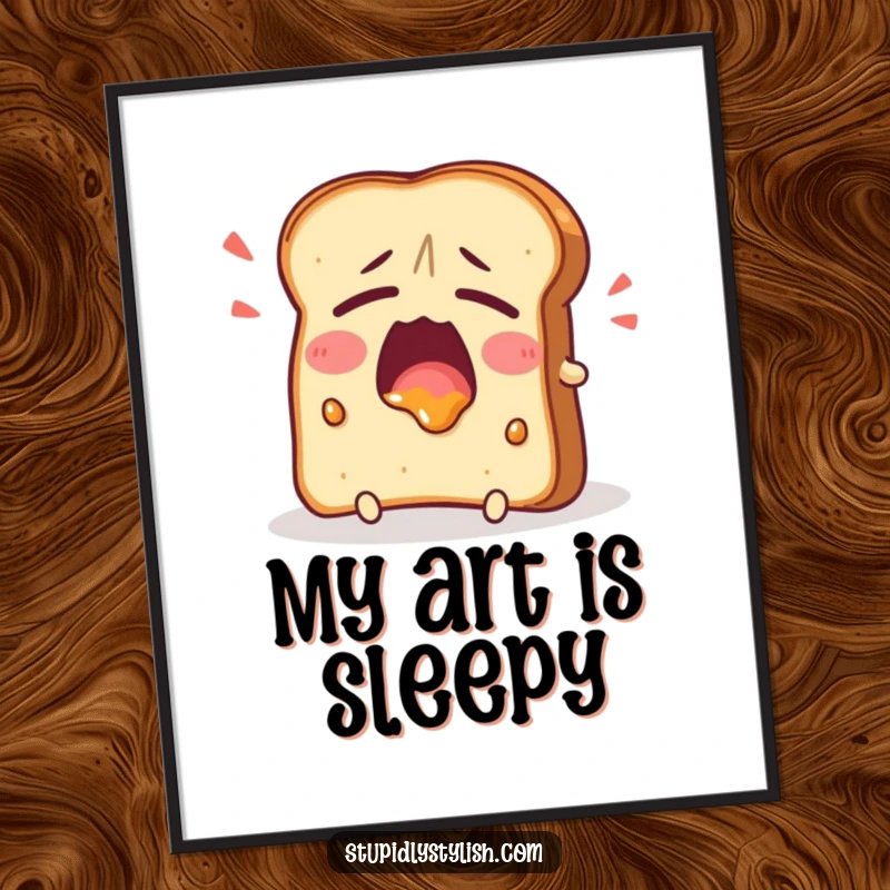 Funny Digital Art Print of a tired toast character yawning widely with jam, a humorous and relatable piece perfect for immediate display.