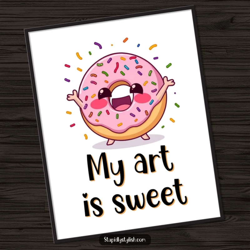 Funny Digital Art Print of an excited donut juggling colorful sprinkles, a sweet and vibrant piece perfect for immediate display and joy.