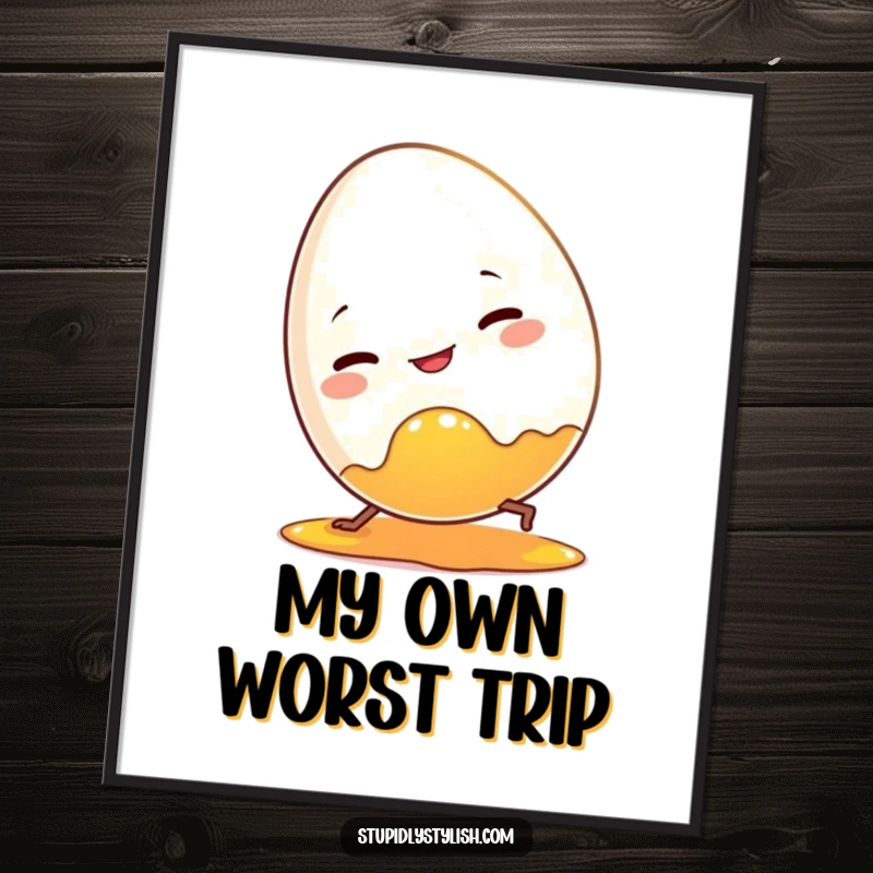 Funny egg digital art print of a clumsy character tripping over its yolk. Instant comic decor.