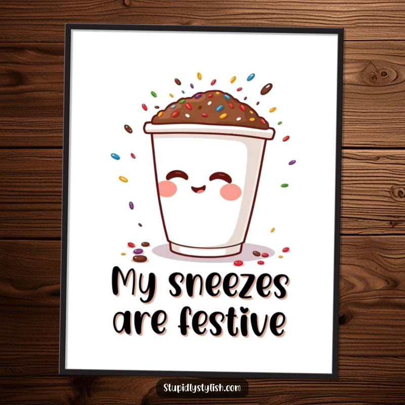 Funny digital art print of a smiling coffee cup character sneezing a colorful cloud of sprinkles, perfect for humorous wall decor.