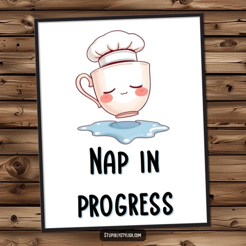 Funny digital art print of a sleepy teacup chef hat falling into a puddle. Instant whimsical kitchen decor.