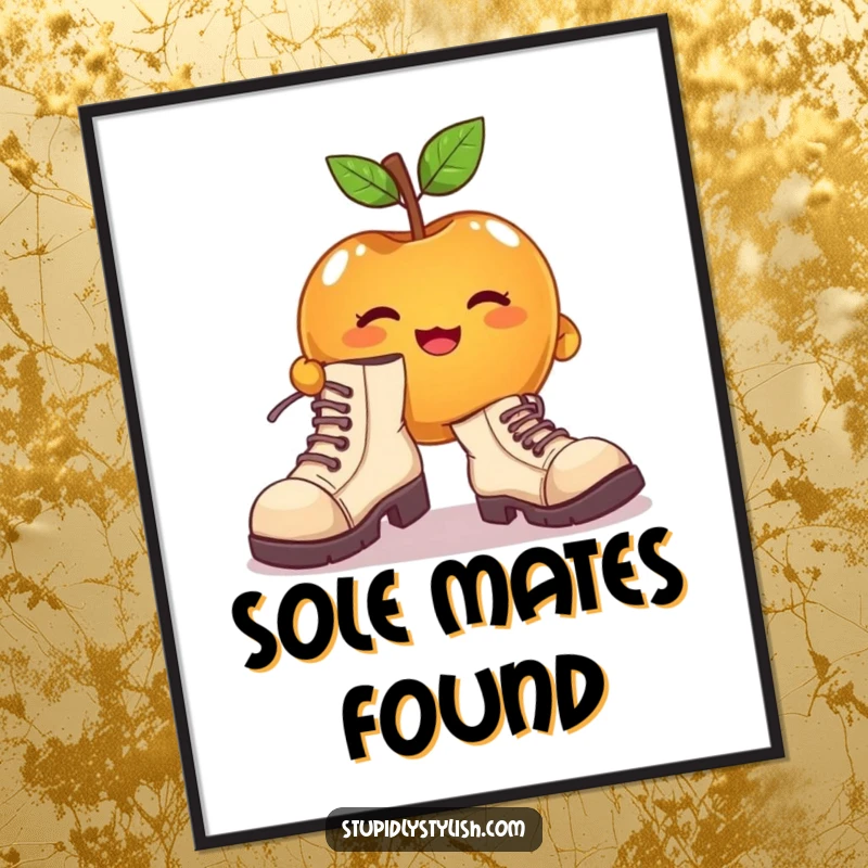 Funny digital art print of a cute apple character attempting to wear enormous, mismatched shoes, perfect for decor.