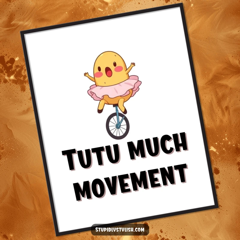 Funny, printable digital art of a surprised potato in a ballet tutu comically falling off a unicycle.