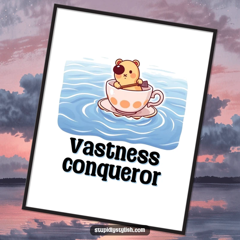 Funny digital art print: hot dog paddling a teacup across the ocean, vibrant and humorous artwork.