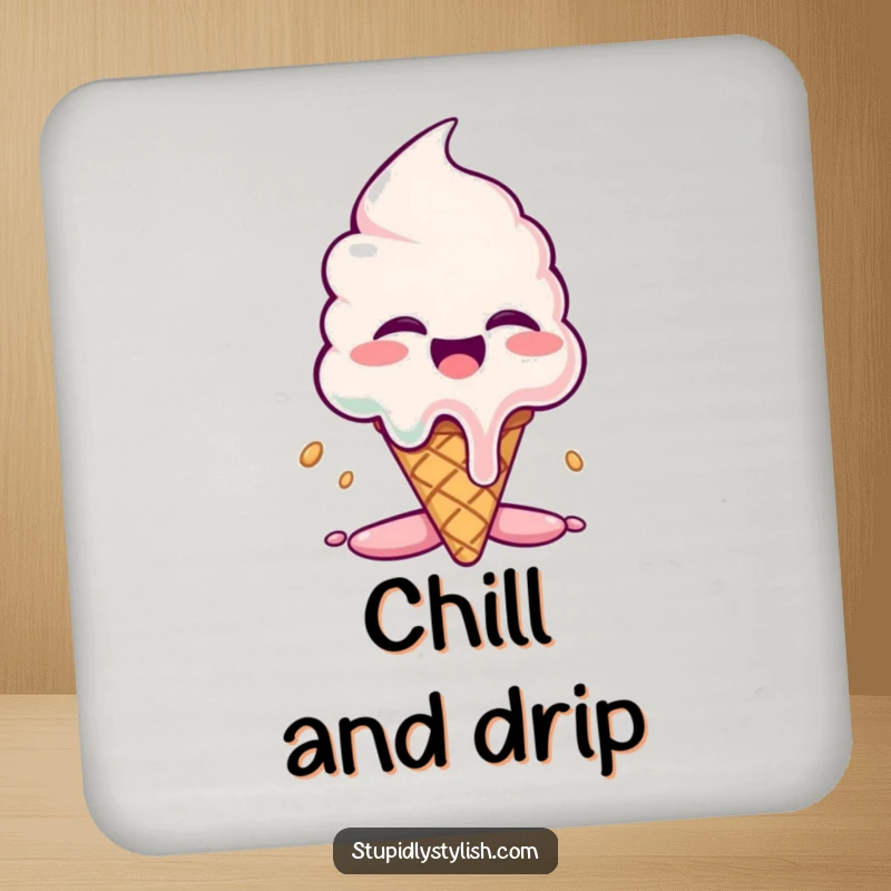 Funny drink coaster: A giggling ice cream cone shown melting dramatically, providing humorous protection for tabletops.