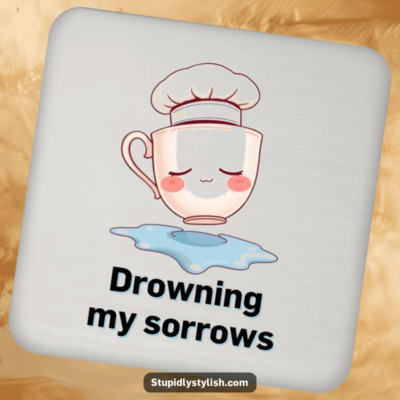 Funny drink coaster featuring a sleepy teacup chef hat falling into a spilled puddle. Protects surfaces with a comical design.