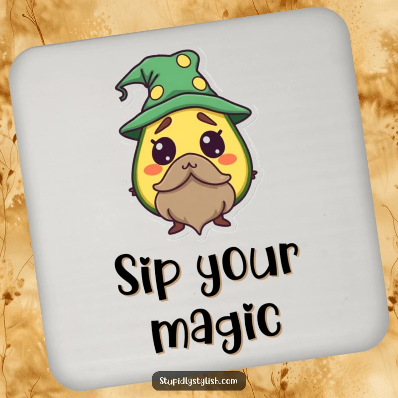 Funny Avocado Wizard Coasters depicting a startled avocado dressed as a wizard, protecting surfaces with magic.