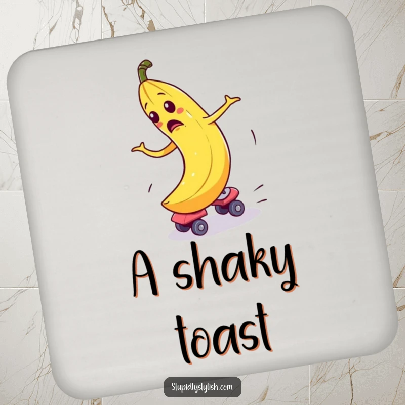 Funny Drink Coaster with a bewildered banana comically spinning out of control on roller skates, protecting surfaces with humor.