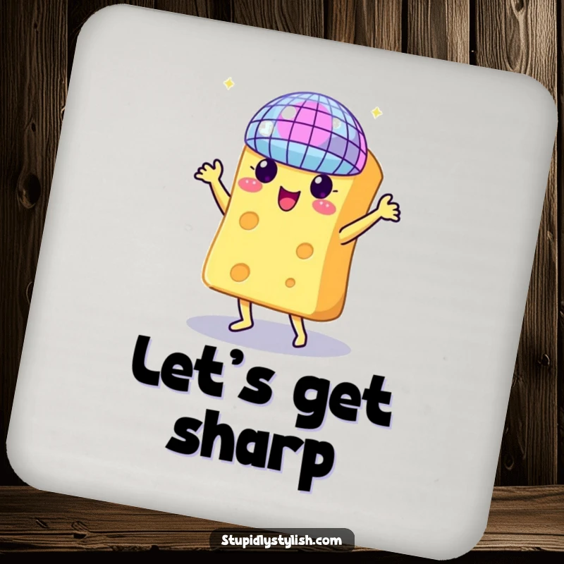 Funny drink coaster showing a cheese character dancing under a disco ball, protecting surfaces with humor.
