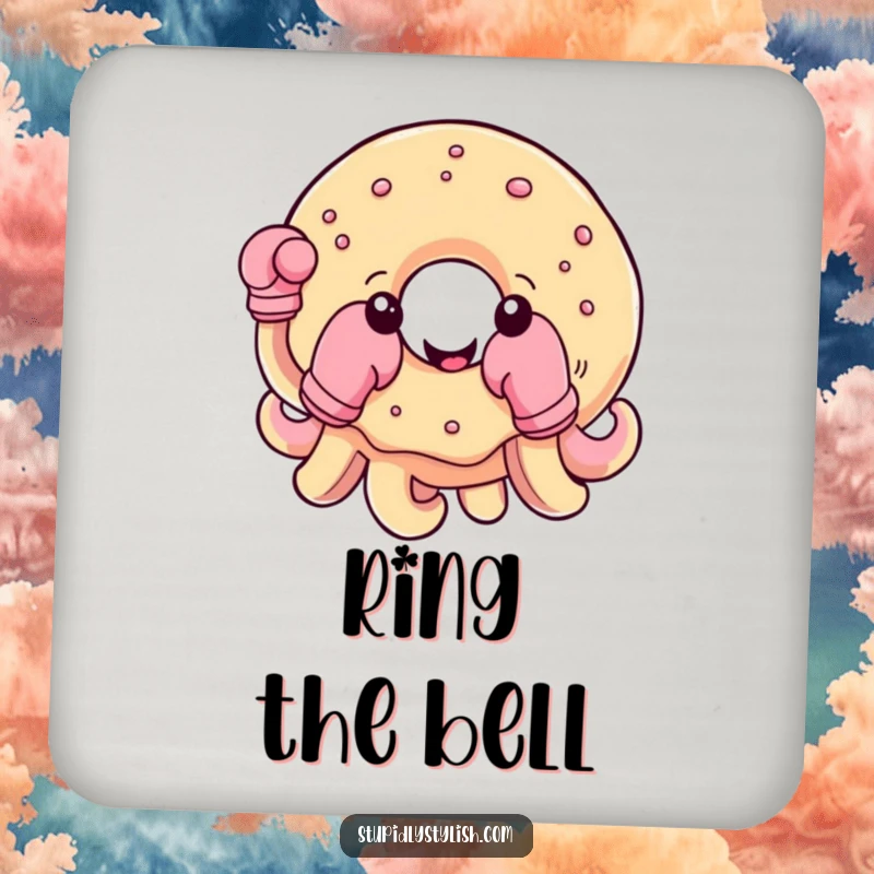 Funny drink coaster depicting a cheerful donut wearing boxing gloves on its tentacles, adding humor to your drinks.