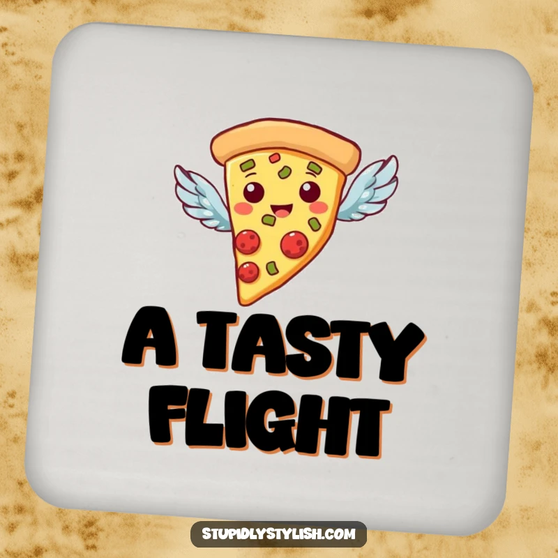 Funny Coaster: A pizza slice with small wings, flying with flavor, protecting surfaces.