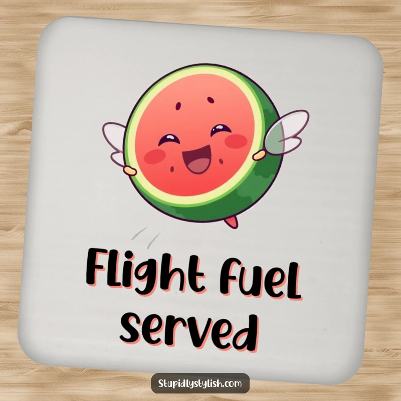 Funny drink coaster showing a happy watermelon slice mid-flight, adding a humorous and protective element to any surface.
