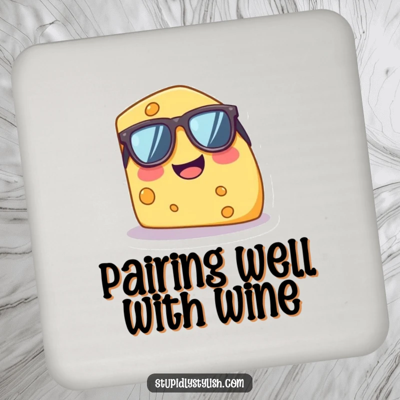 Funny drink coaster with a tiny, giggling cheese wedge in oversized sunglasses, adding humor to any beverage setting.