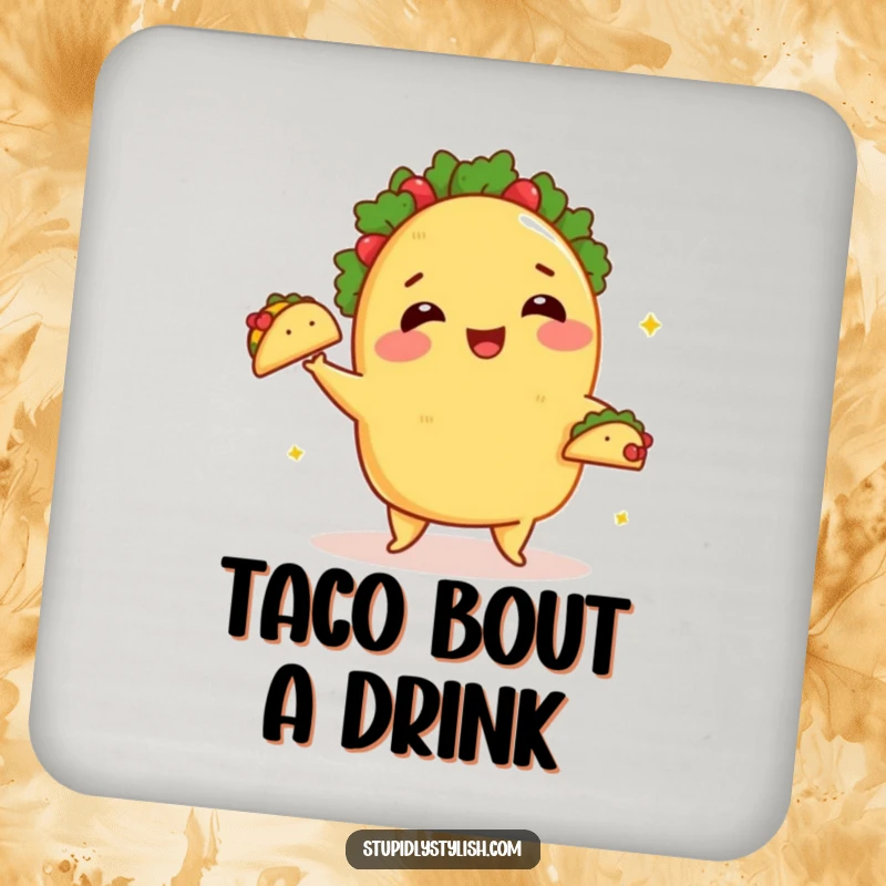 Funny Coaster: A taco blushing while juggling small tacos, protecting surfaces with humor.
