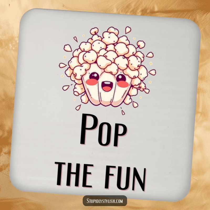 Funny drink coaster with an overwhelmed popcorn kernel bursting outwards, protecting surfaces with a humorous touch.