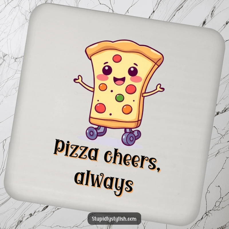 Funny smiling slice of pizza wearing tiny roller skates, a cute and humorous drink coaster set.