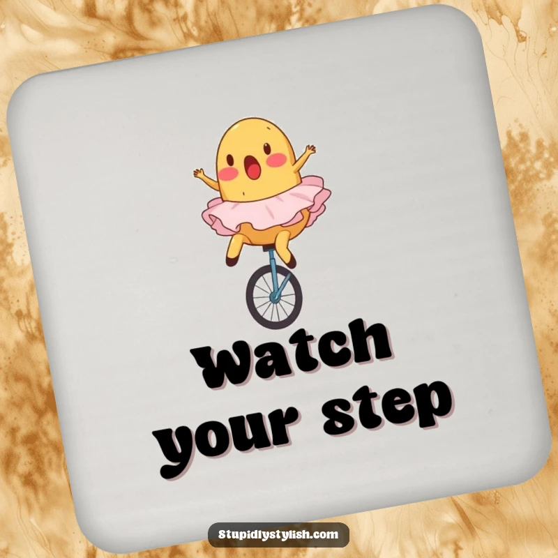 Funny, absorbent coaster featuring a surprised potato in a ballet tutu comically falling off a unicycle.