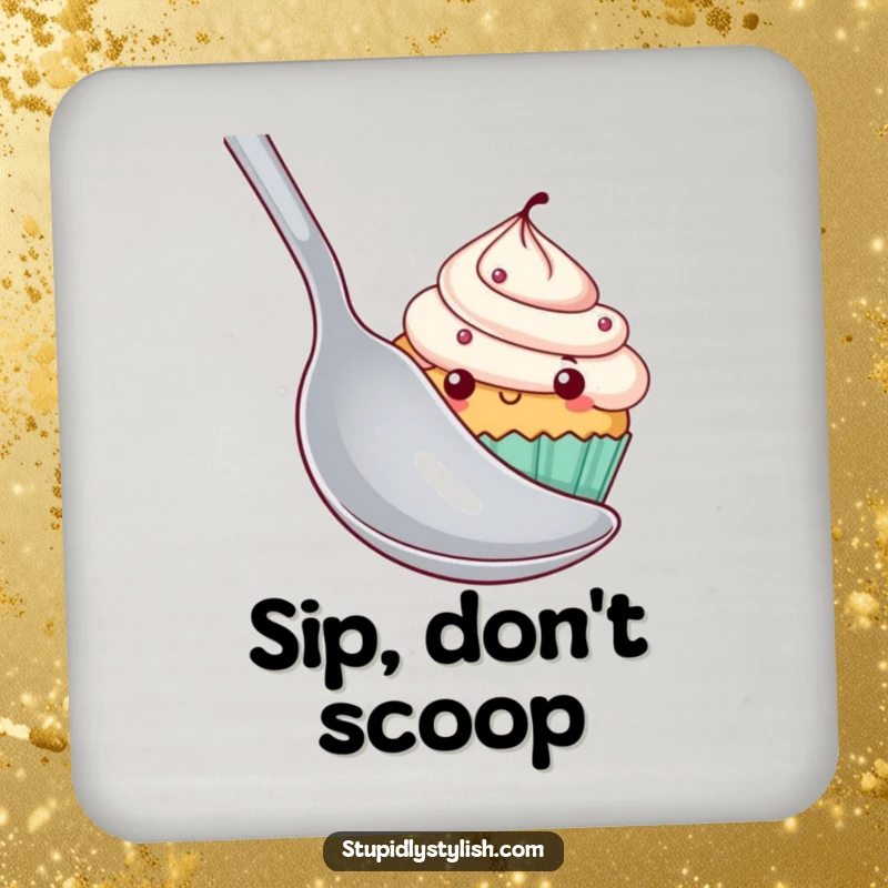 Funny shy cupcake drink coasters featuring a cupcake hiding behind a spoon, adding a cute and humorous element to table protection.