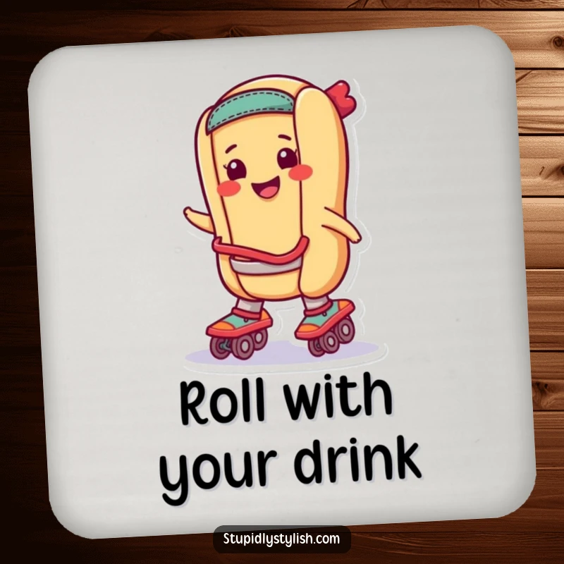Funny Coaster: A smiling hot dog wearing roller skates, protecting surfaces with humor.