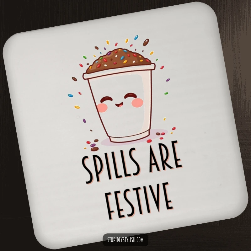 Funny drink coaster with a happy coffee cup character sneezing a sprinkle explosion, a humorous and functional accessory.