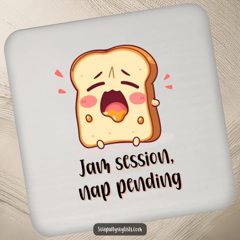 Funny Drink Coaster showcasing a tired toast character yawning widely with jam, offering stylish protection and a relatable, humorous conversation starter.