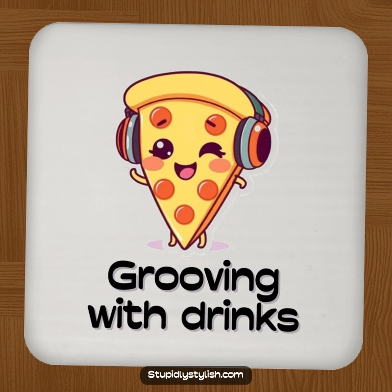 Funny drink coasters featuring a giggling pizza slice wearing headphones, offering playful protection for surfaces.
