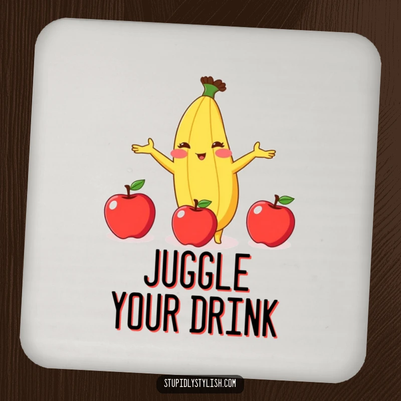 Funny drink coaster depicting a blushing anthropomorphic banana comically juggling three apples, adding humor to your drinks.