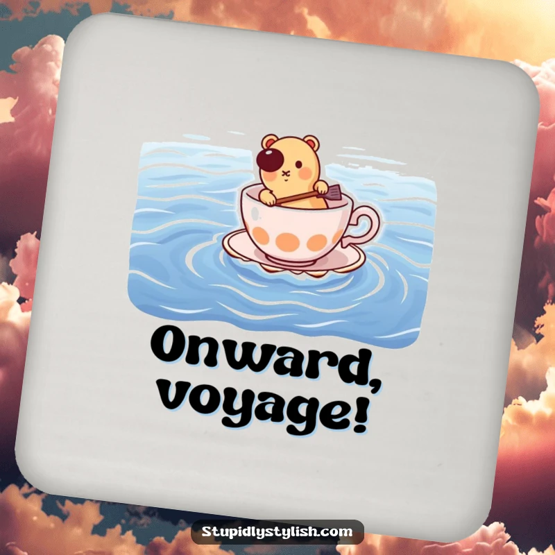Funny coaster: hot dog paddling a teacup across the ocean, protecting surfaces with a dose of humor.