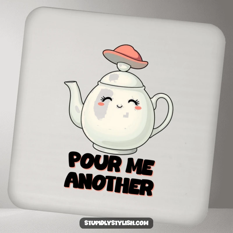 Funny drink coaster with a stylish teapot character wearing a fashionable hat, offering chic protection for beverages.