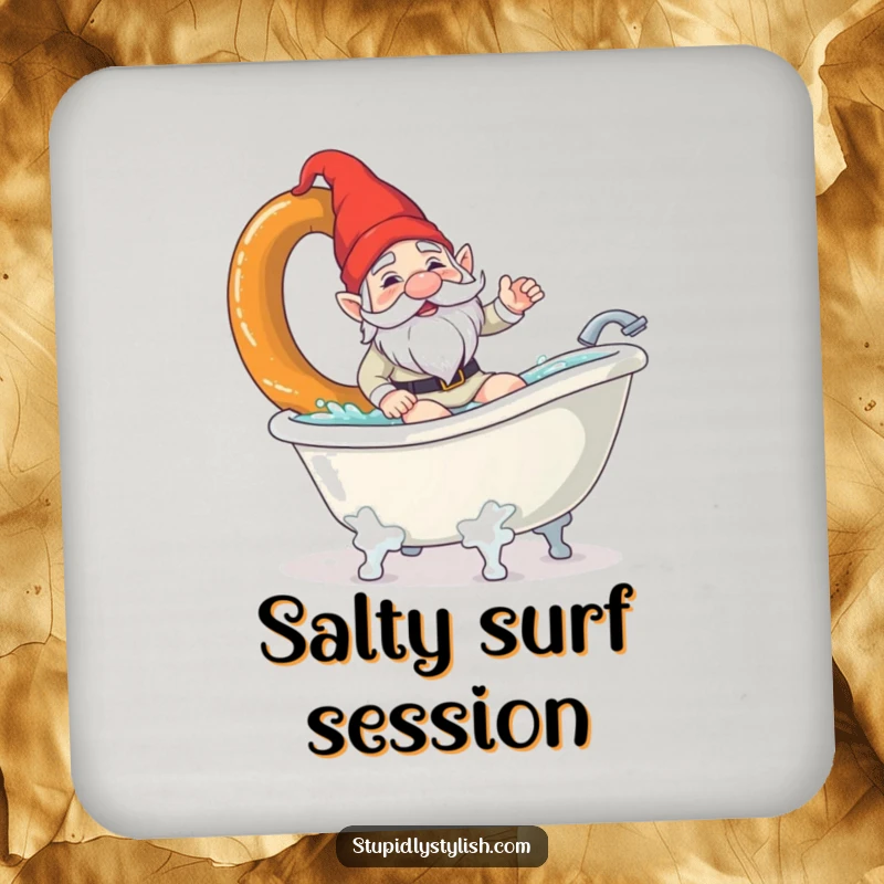 Funny drink coaster featuring a confused garden gnome surfing a giant pretzel in a bathtub. Protects surfaces with a comical design.