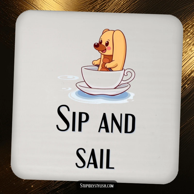 Funny Drink Coaster with a determined hot dog comically paddling a teacup across a vast ocean, protecting surfaces with purpose.
