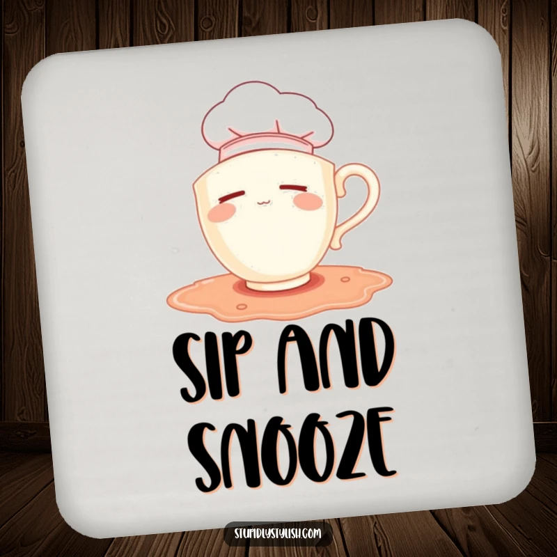 Funny coaster: sleepy teacup chef falling into a spilled puddle, protecting surfaces with humor.